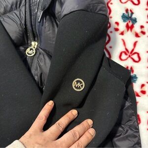 Michael Kors Black Puffer Coat with Knit Sleeves and Gold MK Hardware
